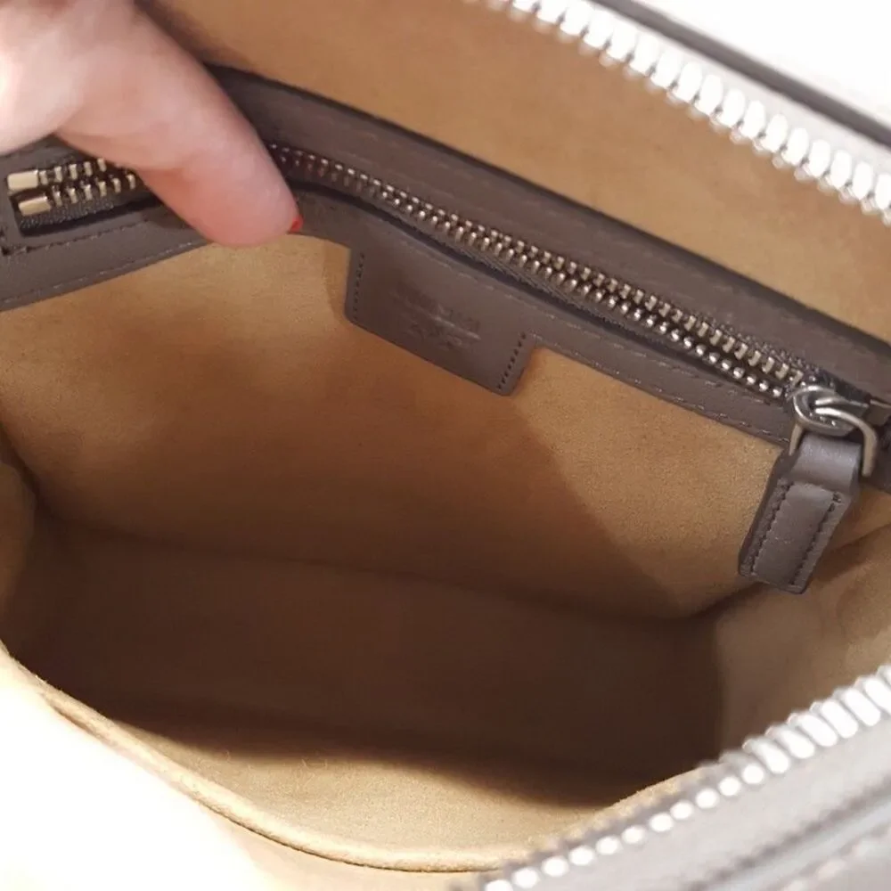 MCM Mini Klassik Taupe Tan Grey Leather Monogram Crossbody Bag $830 Authentic